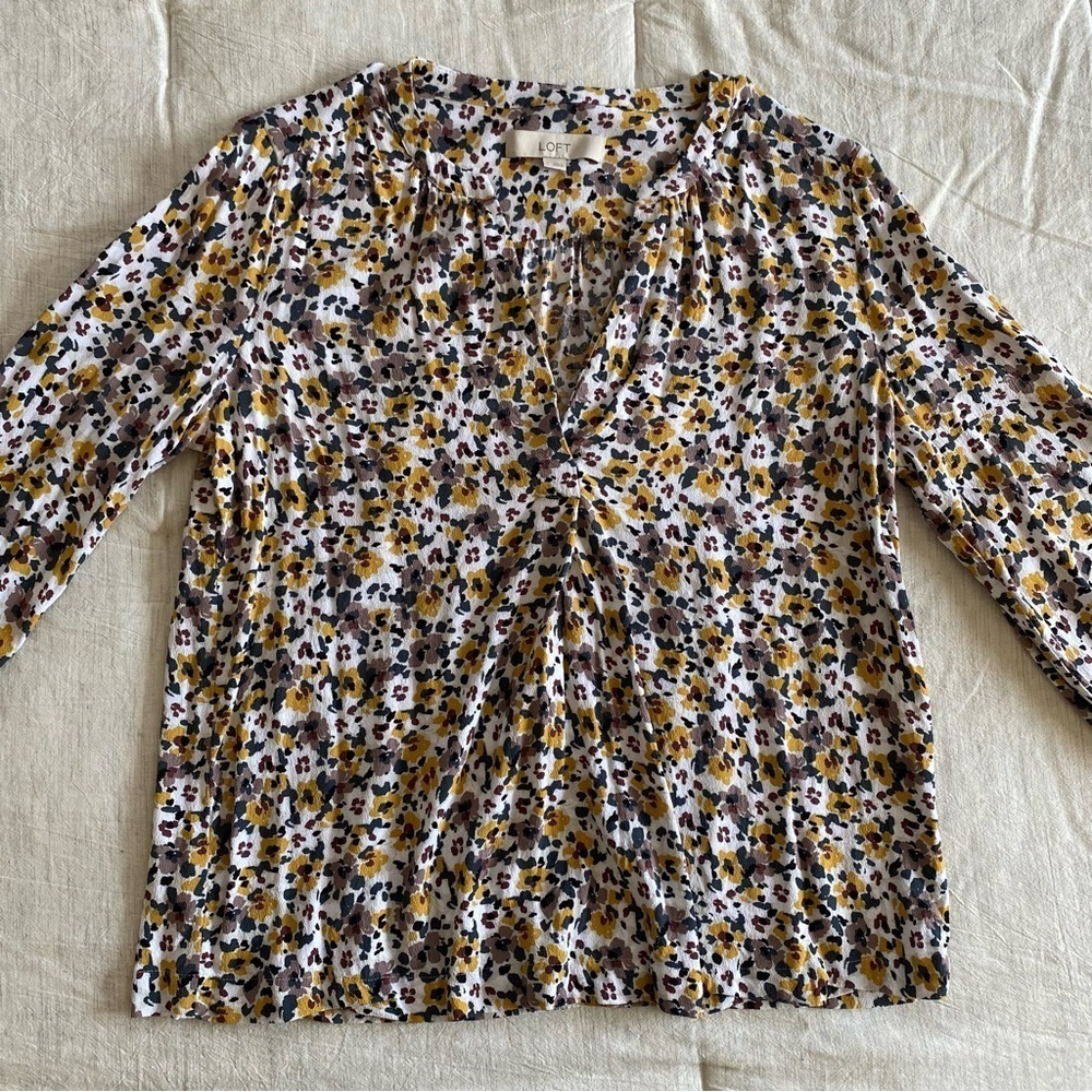 Loft V Neck Floral Long Sleeve Blouse Fall Work Top Yellow White Purple Madewell - Picture 2 of 8